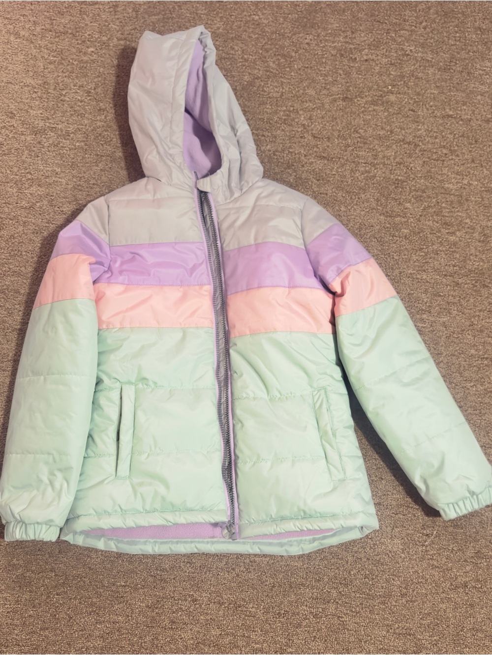 Roxy Girls Pastel Stripe Hooded Puffer in Mint, Lavender & Blush